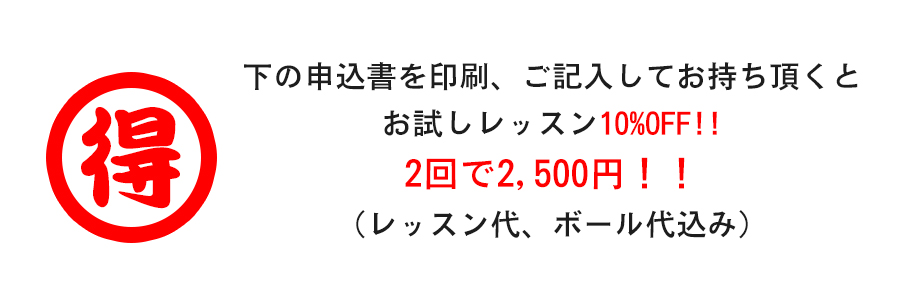 下の申込書を印刷、ご記入してお持ち頂くとお試しレッスン10%OFF!!2回で2,500円！！（レッスン代、ボール代込み）